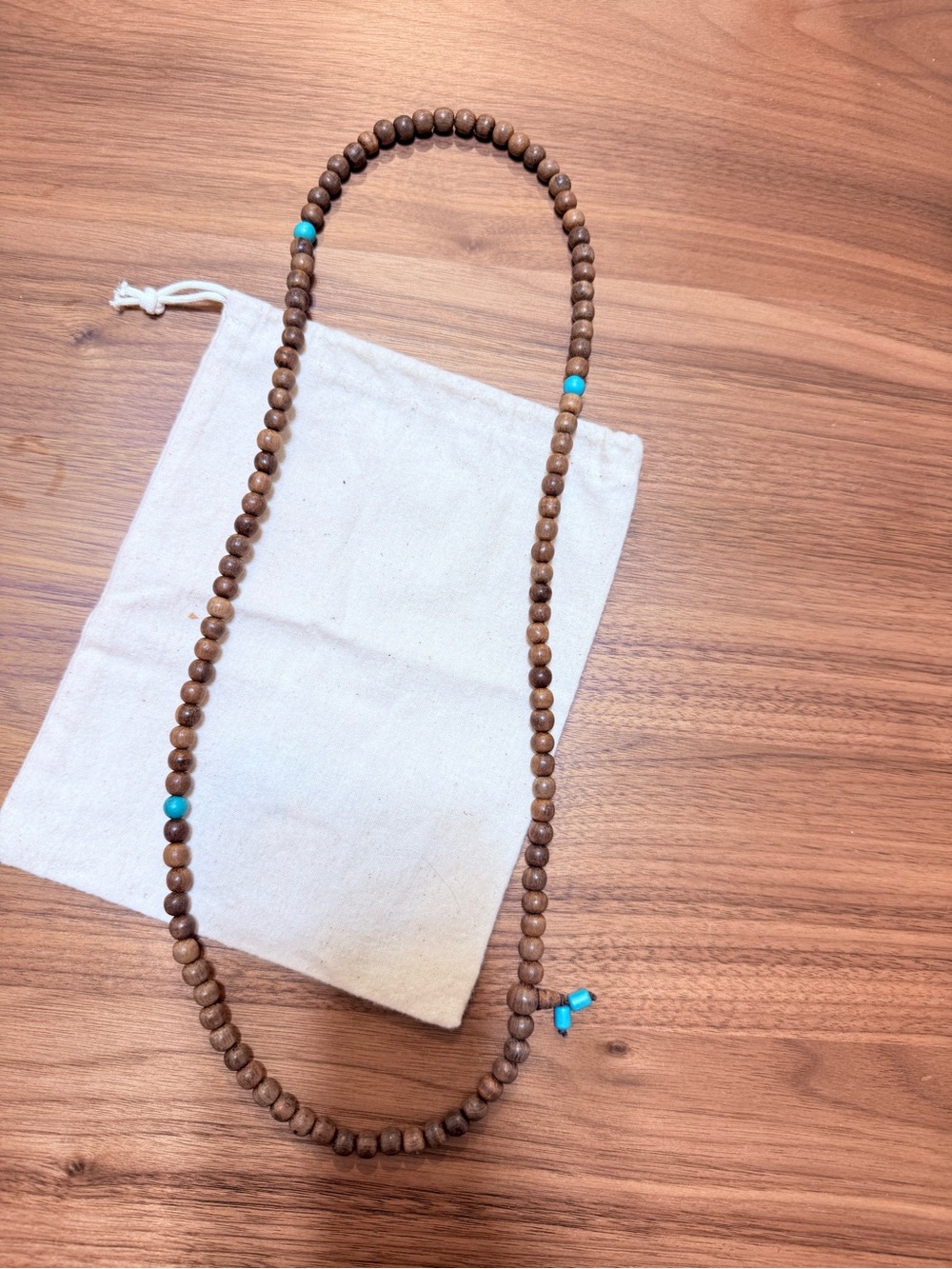 Wooden Bead Necklace with Turquoise Accents